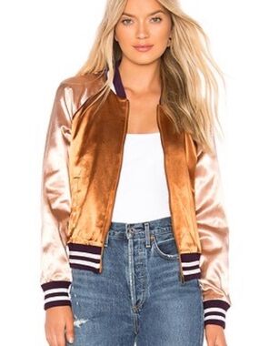 MOTHERS Satin Bomber Jacket in Copper with Blush Sleeves
